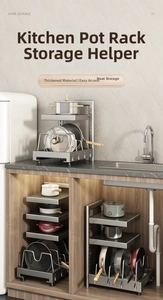 Adjustable kitchen pot rack with multiple layers for cabinet storage and counter organization