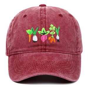 Close-up of vintage washed burgundy cotton baseball cap featuring vegetable embroidery details