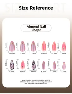 Size chart showing 12 dimensions for almond shape press-on nails with 3D butterfly design