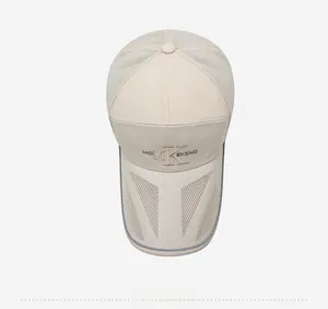 Top view of beige mesh baseball cap with MON EKEND embroidery and gray trim