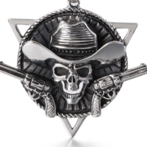 Vintage stainless steel cowboy skull pendant with double revolvers and hexagram detail
