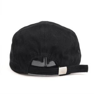 Classic black 5-panel cotton twill baseball cap with adjustable silver metal buckle back