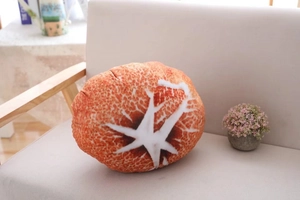 Detailed realistic shiitake mushroom plush pillow with lifelike cap texture on soft sofa