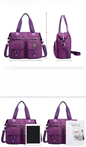 Detailed size dimensions and specs for the large waterproof purple nylon tote bag