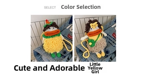 Detailed close-up of handmade crochet sausage mouth crossbody bags in green and yellow colors
