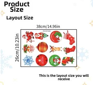 Vue détaillée des stickers de Noël comprenant Père Noël, rennes et flocons de neige