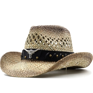 Western Cowboy Hat Natural Grass Straw Sun Protection Breathable Handmade Leather Band Metal Bull Head Outdoor