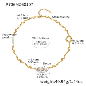 Detailed size map of gold stainless steel necklace with marquise zircon and fresh water pearls