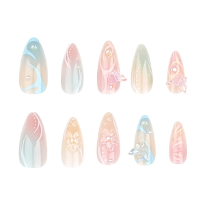 Pastel gradient press-on nails with 3D butterflies, pearls and floral almond shape art