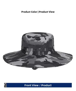 Detail of camouflage outdoor sun hat featuring side mesh panels and adjustable wind cord