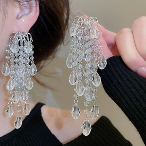 Close-up of sparkling multilayer crystal tassel earrings on a model showing waterdrop fringe