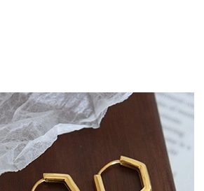 Macro shot of geometric hexagonal gold earrings with minimalist hoop design on wood