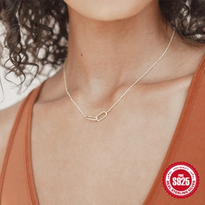 Minimalist S925 sterling silver interlocking double ring necklace for women