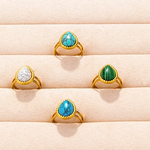 Retro 304 stainless steel adjustable rings with teardrop gemstones and beaded edges