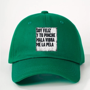 Green cotton baseball cap with SOY FELIZ Y TU printed patch and adjustable strap