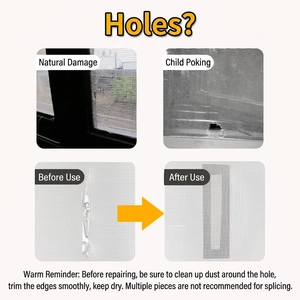 Gray window screen repair patch adhesive mesh showing before and after fixing holes