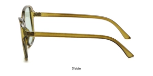 Side view of dark green translucent sunglasses frames with a sleek curved design