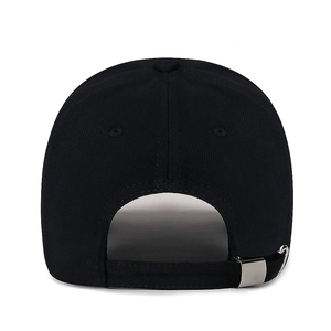 Rear view of black cotton baseball cap showing adjustable strap with silver metal buckle