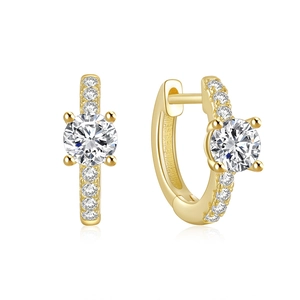 Detail of gold hoop earrings with marquise petal design and sparkling round zircon stones