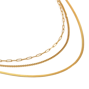 Three-layer gold stainless steel necklace with paperclip, cuban and flat snake chains