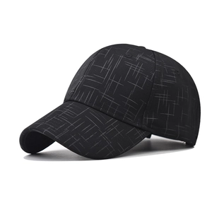 Minimalist black baseball cap with grey line pattern and classic six-panel design