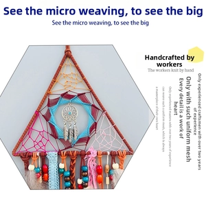 Detailed handmade triangular dreamcatcher with blue web and grey feather accents