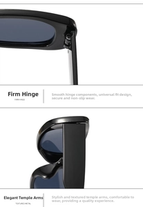 Detail of robust metal hinge and thick black temples on trendy rectangular sunglasses