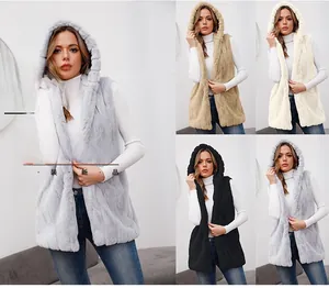 Collage of hooded faux fur vests for women in light grey, beige, white, and black colors