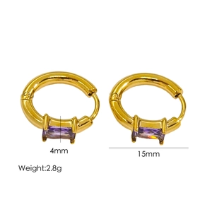 Detail of 15mm 18K gold plated earrings with a 4mm rectangular purple zircon stone