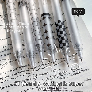 Close-up of ST needle tip gel pens with minimalist geometric patterns on frosted barrels