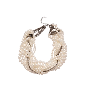 French style multilayer pearl necklace set with elegant metallic chains on white background