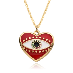 Turkish Evil Eye heart necklace with red enamel and colorful zircons on gold chain