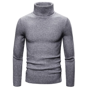Detailed close-up showing the fine knit texture and slim fit design of gray turtleneck sweater
