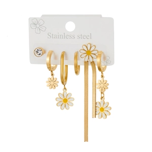 Detail of gold-plated stainless steel daisy earrings set with zircon and snake chain