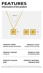 Detailed size specifications for gold rose jewelry set including necklace and stud earrings