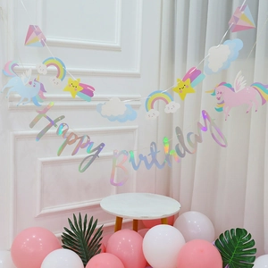 Iridescent unicorn happy birthday paper banner with rainbow and star party decorations