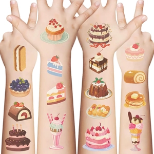 Colorful cartoon dessert and cake temporary tattoos shown on arm for party gifts