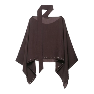 Fashionable dark brown poncho top with rivet hem and neck tie design on white background