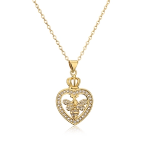Gold plated bee and crown heart pendant necklace with shimmering zircon stones