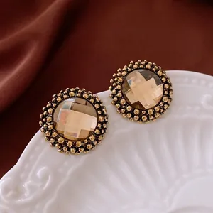 Vintage style champagne round crystal stud earrings with gold beaded trim for women