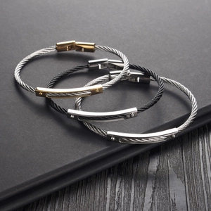 Three-piece stainless steel woven cable bracelets in gold, silver, and black finish