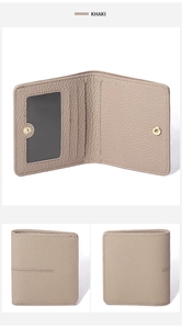 Detail of khaki leather wallet featuring RFID card slots and transparent ID window