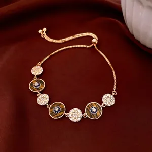 Vintage 18K Gold Plated Copper Bracelet With Tiger Eye Stone Blue Zircon Evil Eye Starburst Adjustable Slider For Women