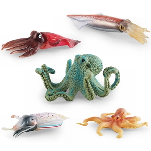 Realistic 5-piece marine animal toy set including octopus and squid models on white background