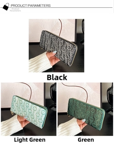Detailed close-up of three long PU leather zip wallets in black, light green and green