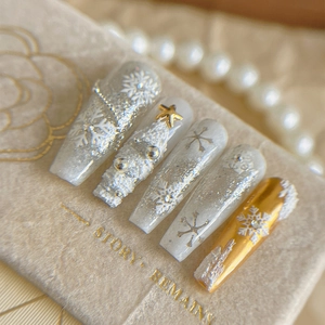 Christmas 3D embossed snowflake press-on nails with white pearls and gold accents