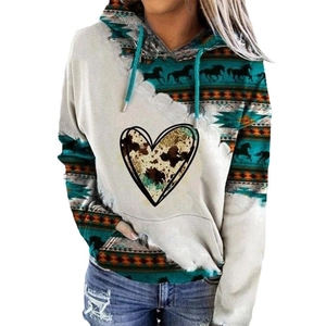Retro vintage horse and heart print oversized hoodie with drawstring in teal and cream