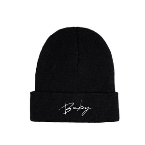 Winter black knit beanie with white Baby embroidery and folded cuff for men