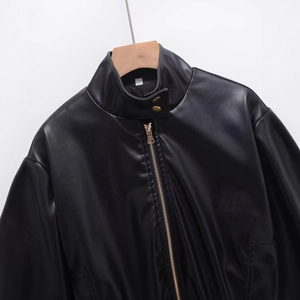 Veste pour femme en cuir PU noir avec col montant et fermeture éclair métallique