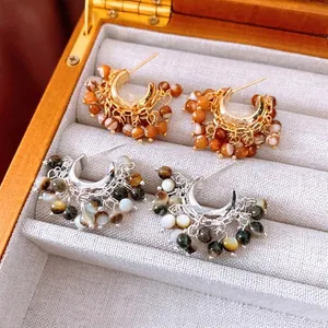 Retro beaded hoop earrings in gold and silver finish with amber and multicolor gemstones